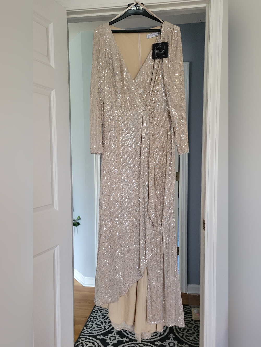Mac Duggal Sequin Wrap Maxi Dress in Champagne